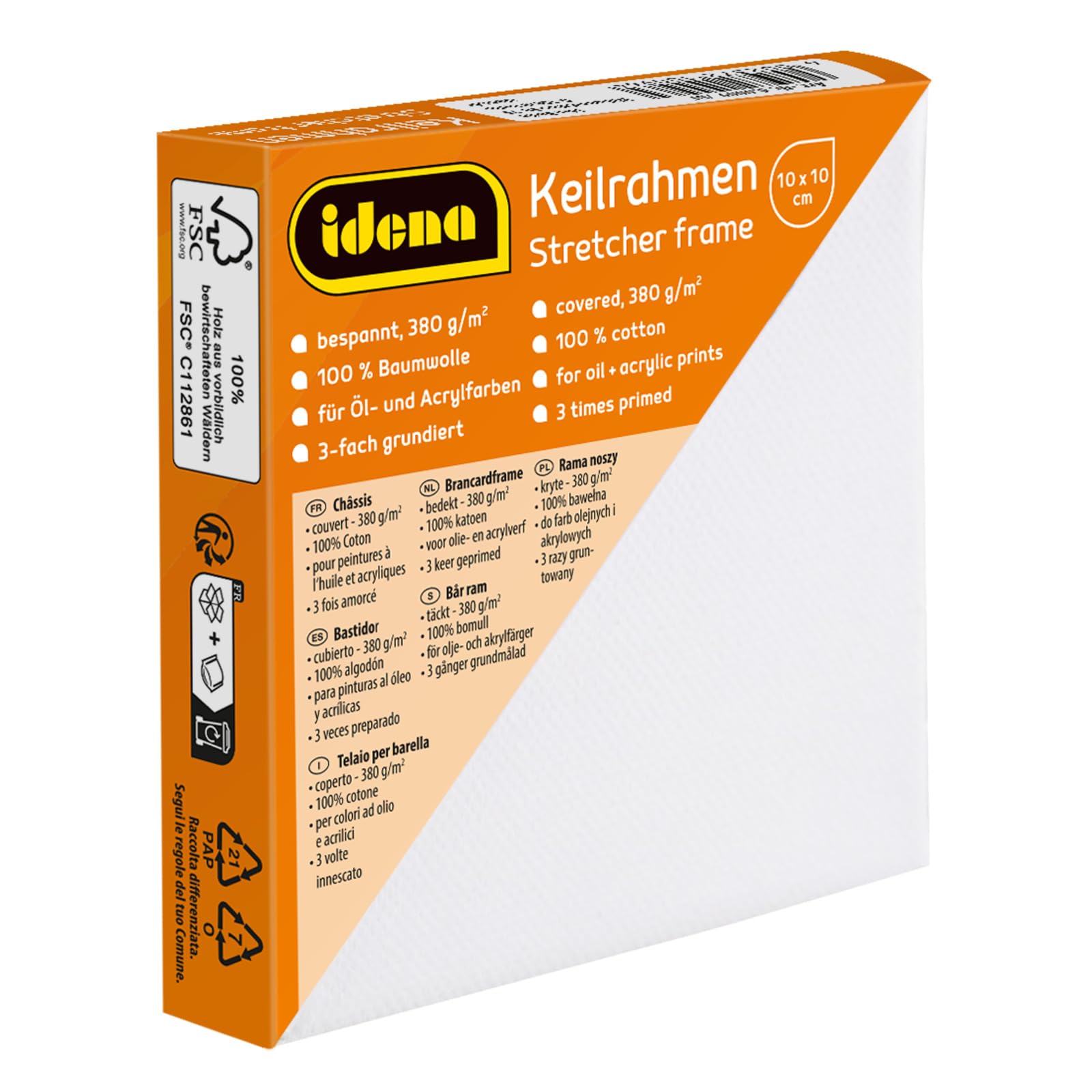 Idena 60009 Stretcher Frame with Canvas 100% Cotton Weight 380 g/m² for Oil and Acrylic Paints Approx. 10 x 10 cm White