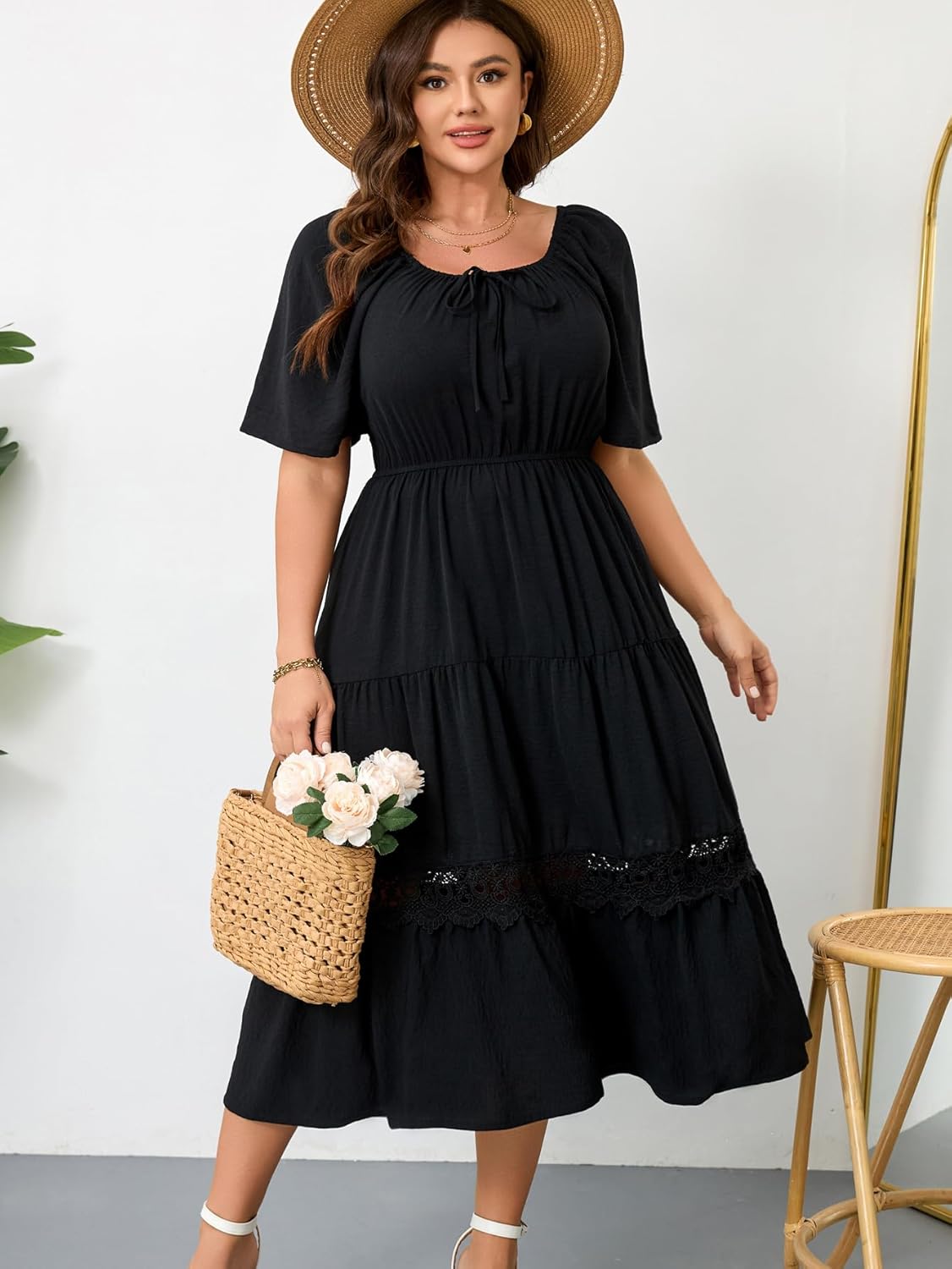 RWJ Women's Plus Size Maxi Dress Short Sleeve Square Neck Flowy A-Line Lace Trim Flutter Party Casual Off Shoulder Dresses - Image 2