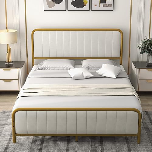 KOMFOTT Base de cama metálica dorada tamaño Queen, base de colchón de metal resistente con cabecera y estribo de terciopelo, marco de cama tapizado