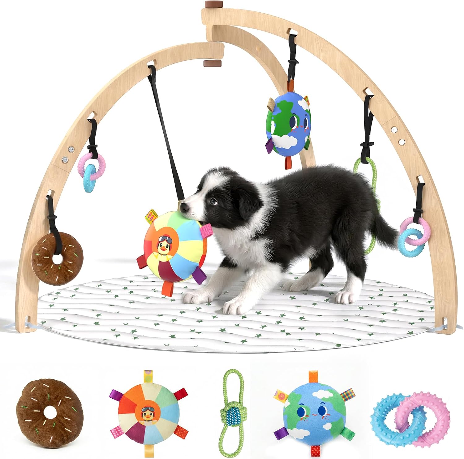 QDAN Puppy Play Gym for Small Dogs with 6 Hanging Toys, Wooden Frame, Adjustable Straps, Interactive Enrichment Training Puppy Toys to Keep Them Busy