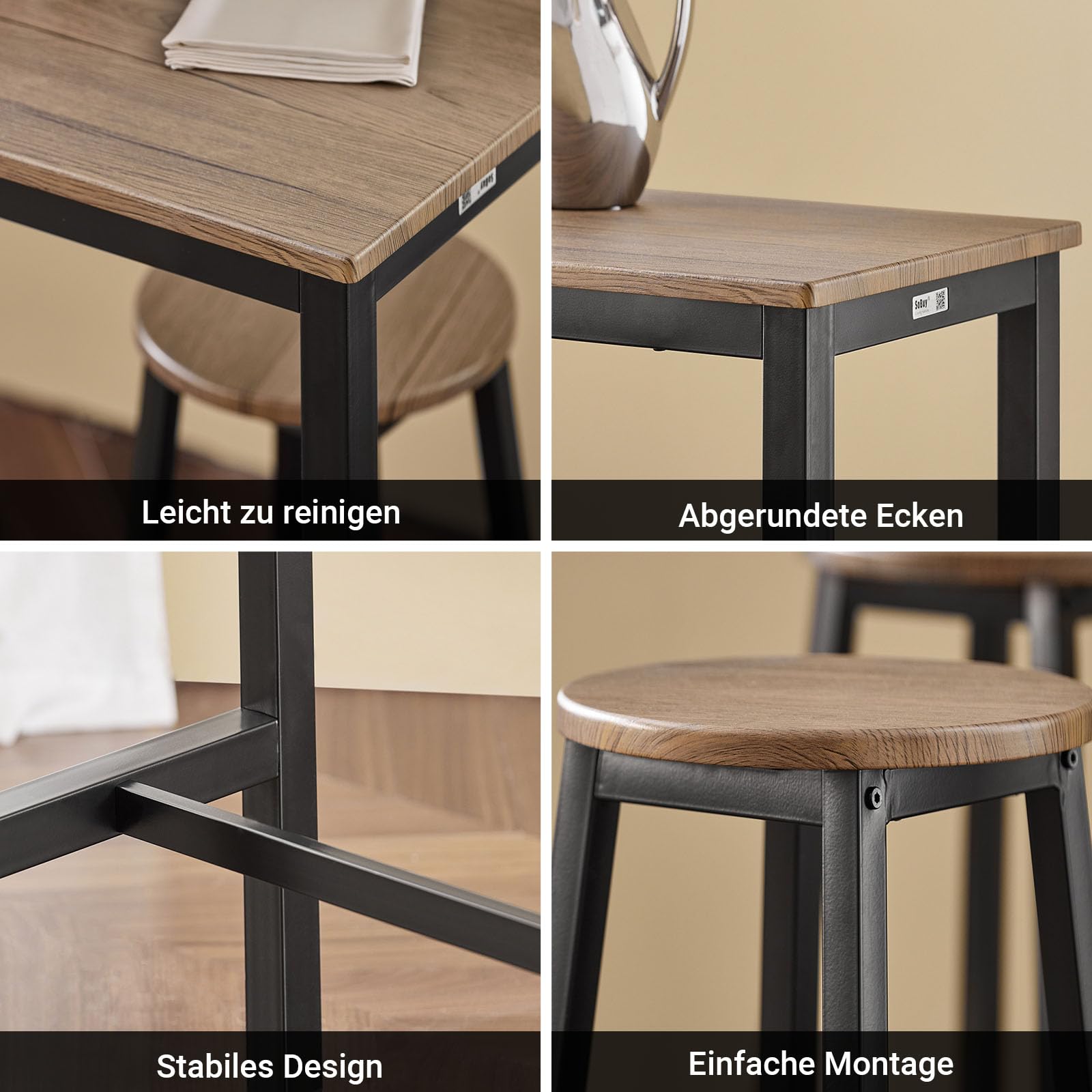 SoBuy Essgruppe Esstisch Set 5-teilig – Bartisch mit 4 Stühlen, platzsparendes Küchentisch Set für Esszimmer Balkon Garten Kompakt & Modern für kleine Räume Schwarz OGT22-SCH