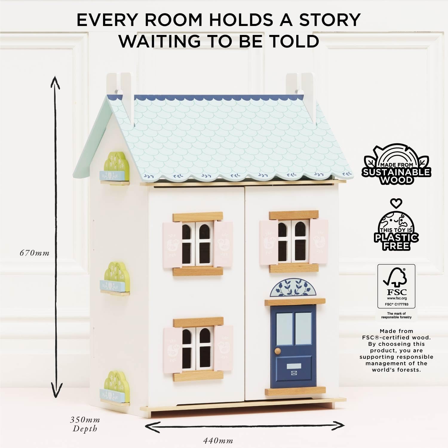 Le Toy Van – Blue Belle Wooden Doll House | Girls & Boys 3 Storey Wooden Dolls House Play Set - Suitable for Ages 3+