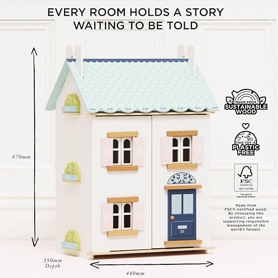 Le Toy Van Blue Belle Wooden Doll House | Girls & Boys 3 Storey Wooden Dolls House Play Set - Suitable for Ages 3+