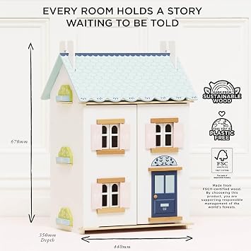 Le Toy Van Blue Belle Wooden Doll House | Girls & Boys 3 Storey Wooden Dolls House Play Set - Suitable for Ages 3+