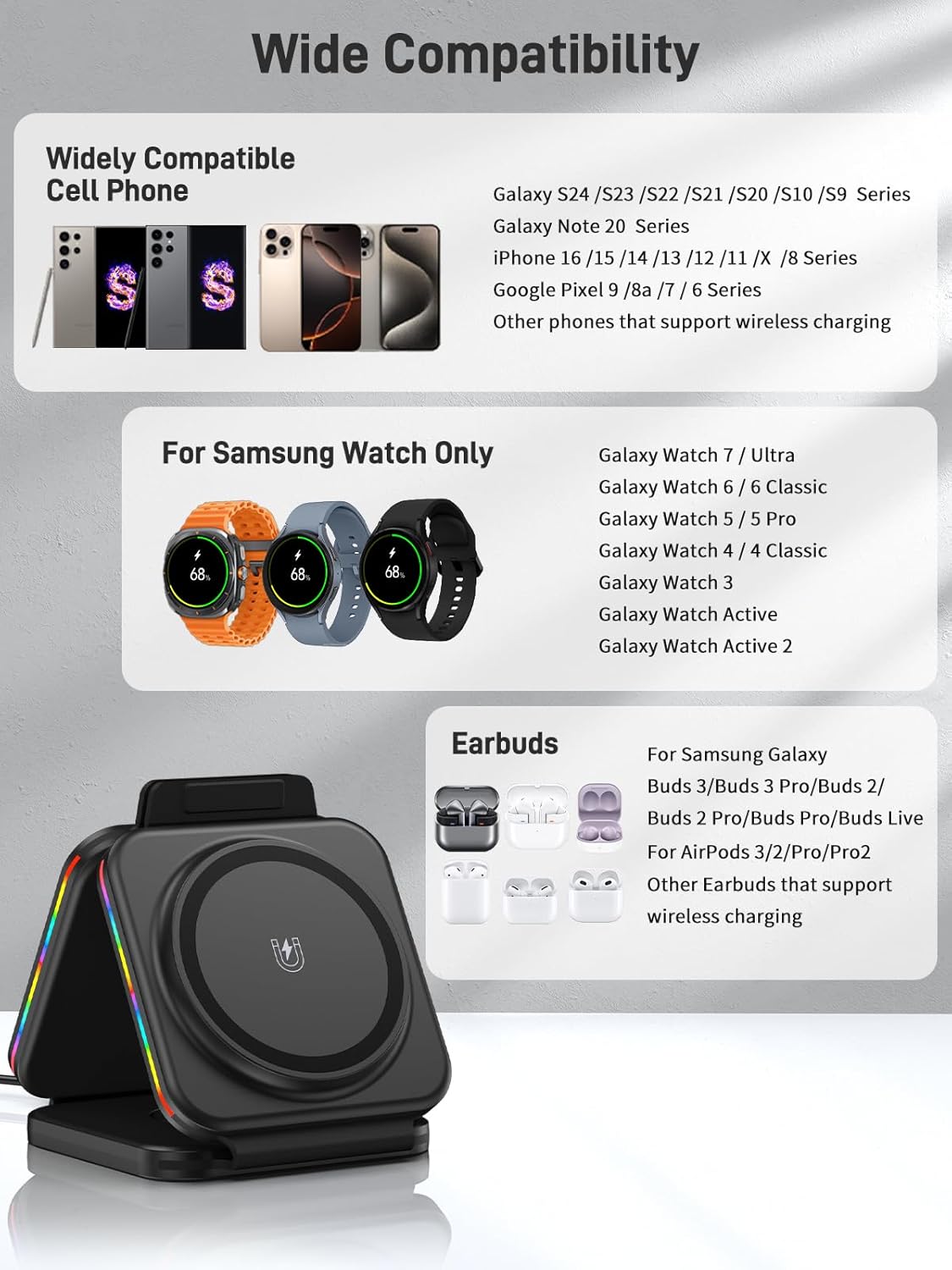 Wireless Charger for Samsung Charging Station with Clock and Foldable 3 in 1 Android Charging Station