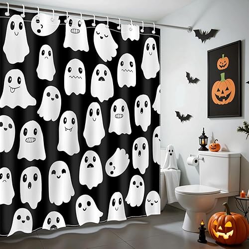 Miniatura 2 de Cortina de ducha de Halloween, bonita cortina de ducha de fantasma, fantasma, impermeable, juego de cortina de baño con 12 ganchos para decoración
