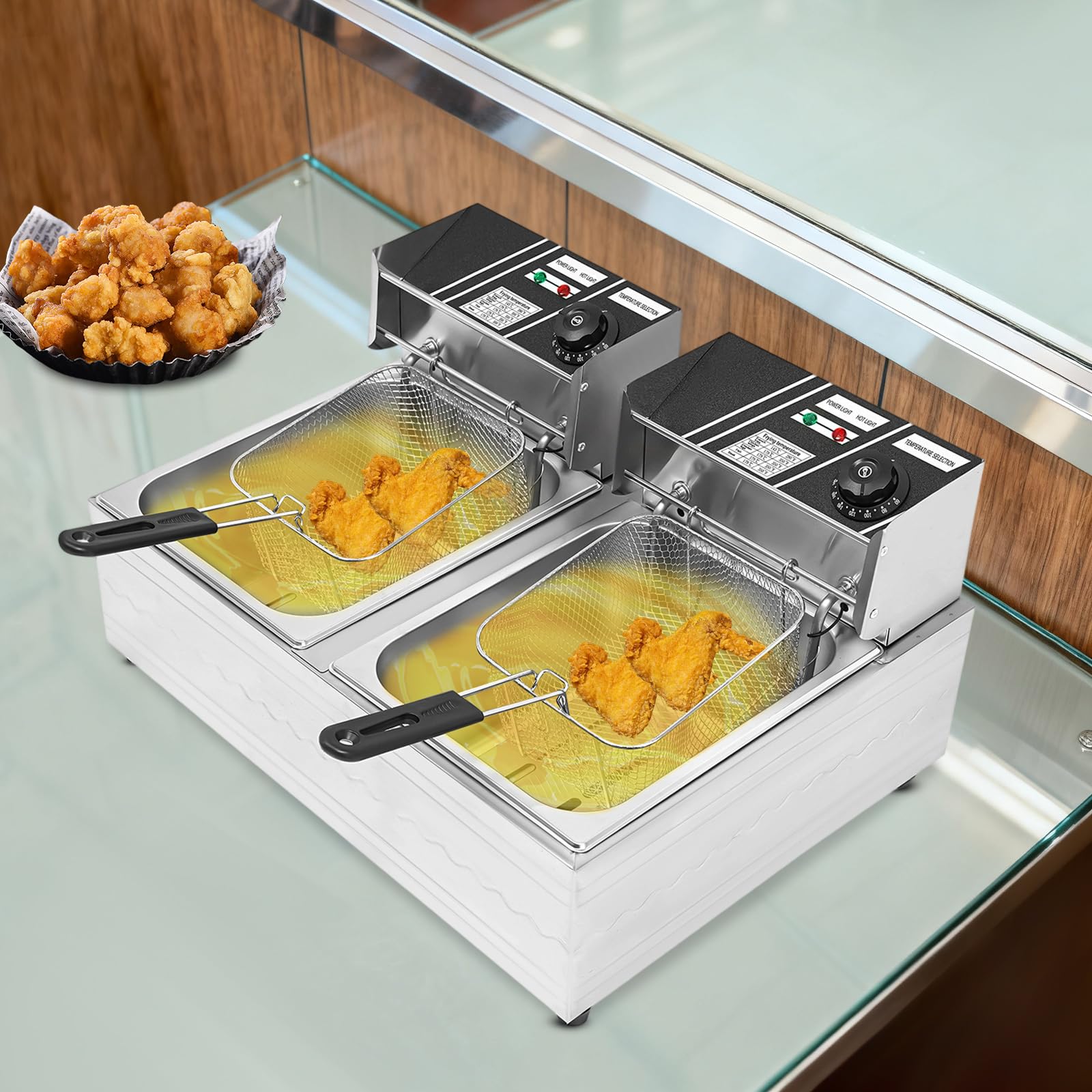 Freidora doble, freidora eléctrica de 12L, acero inoxidable Gastro doble Freidora (6 L+6L) Freír eléctrico comercial Alitas de pollo, patatas fritas, trozos de pescado, 60-200 ℃