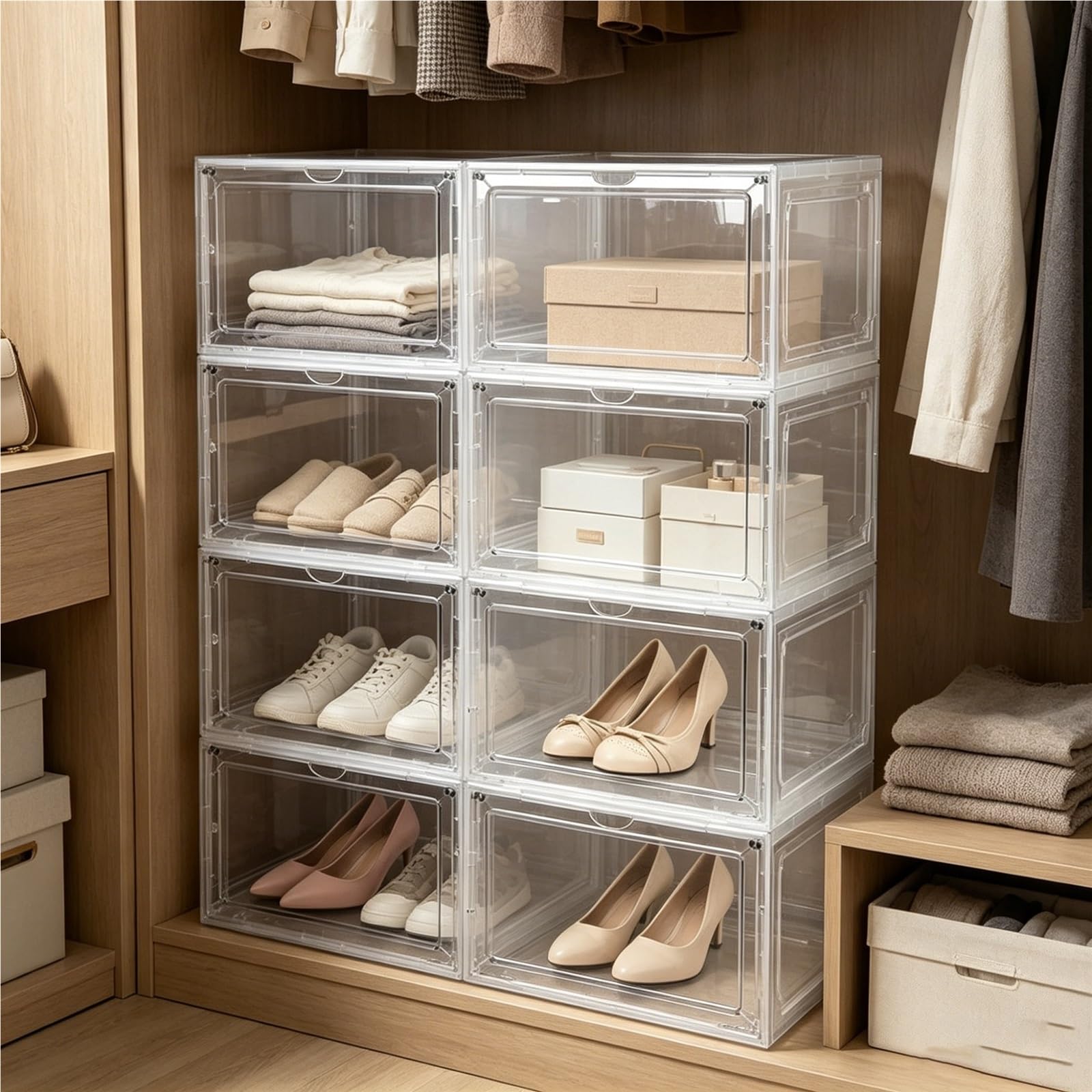 TYNGBT Clear Stackable Shoe Boxes, Extra-Large Front-Opening Shoe Storage, Transparent Shoe Organizer for Sneakers and Footwear Display