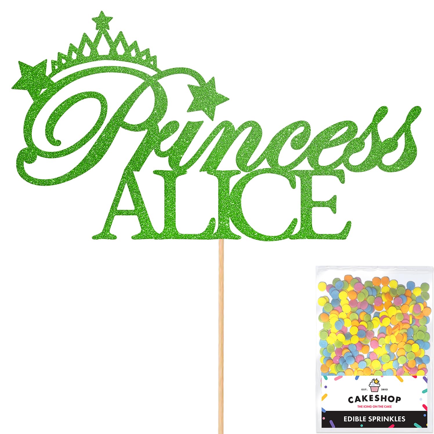 Personalised Birthday Princess Glitter Cake Topper- Green Any Custom Name Glitter Cake Decoration and Sprinkles - Happy Birthday Decorations - Personalised Toppers for Cakes by Cakeshop โ image 1