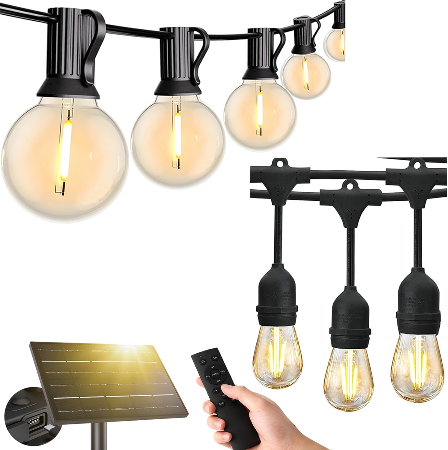 Svater 48FT 2W Patio Lights + 50FT G40 Solar String Lights Outdoor with Remote