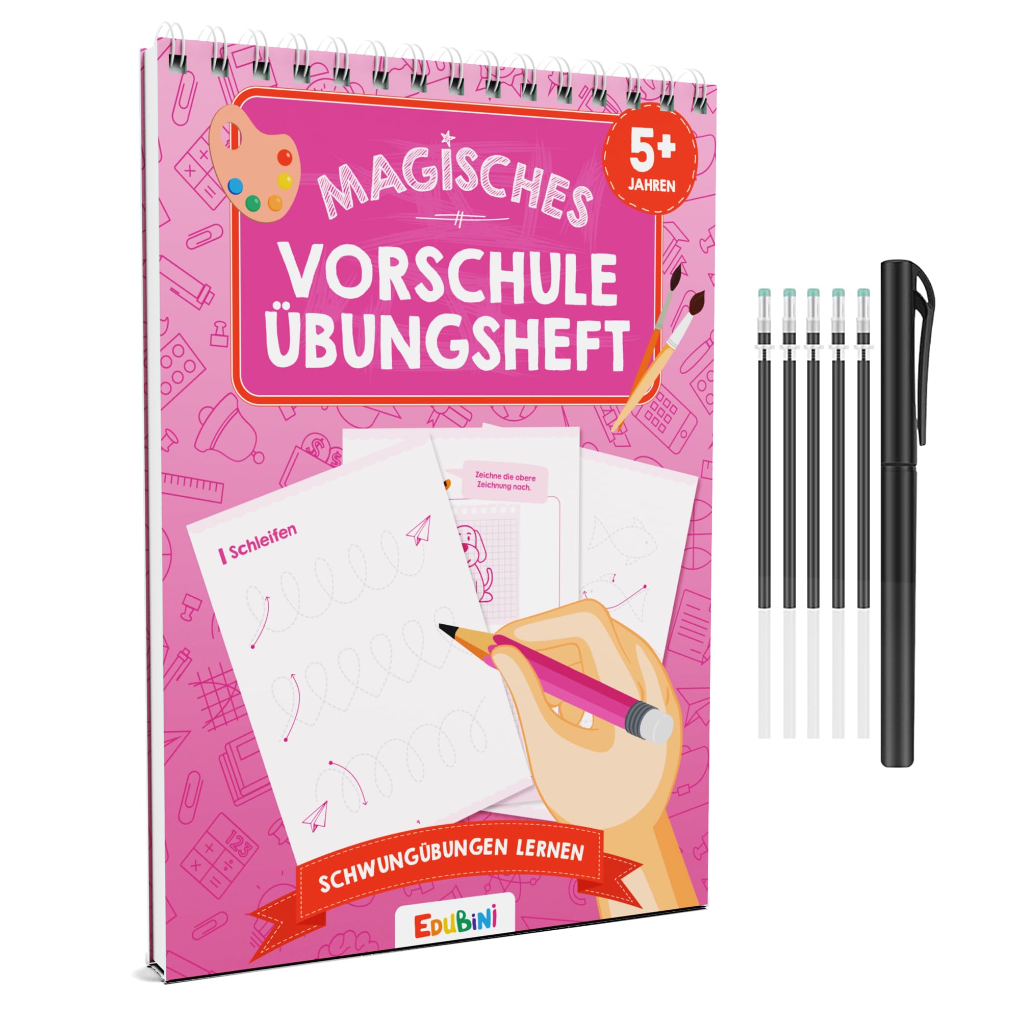 Edubini Magische Vorschule Übungshefte ab 5 Jahren für Junge & Mädchen - [Heft + Stift] - Wiederverwendbare Schreiblernhefte für Vorschule - Zeichnen lernen