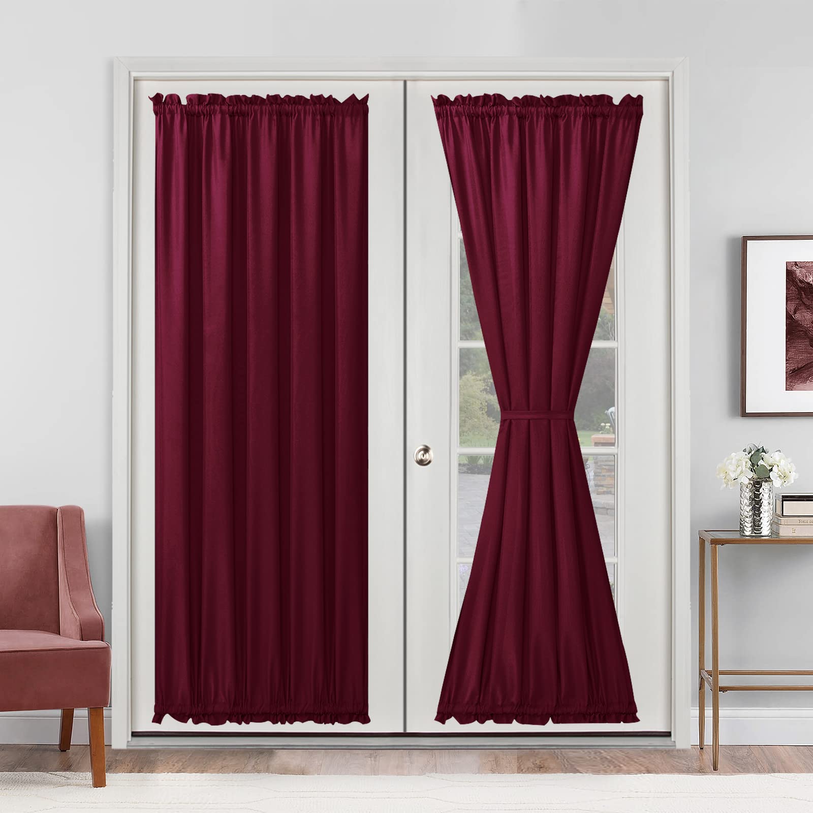 Hiasan French Door Curtains Privacy, Rod Pocket Semi Sheer Front Curtain for Door Window, 1 Panel (Burgundy, W 52 inch x L 72 inch)