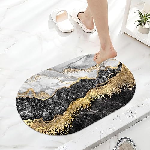 Miniatura 6 de Alfombra de baño súper absorbente de secado rápido con diseño de mármol negro, blanco, gris, dorado, parte inferior antideslizante de goma, fácil de