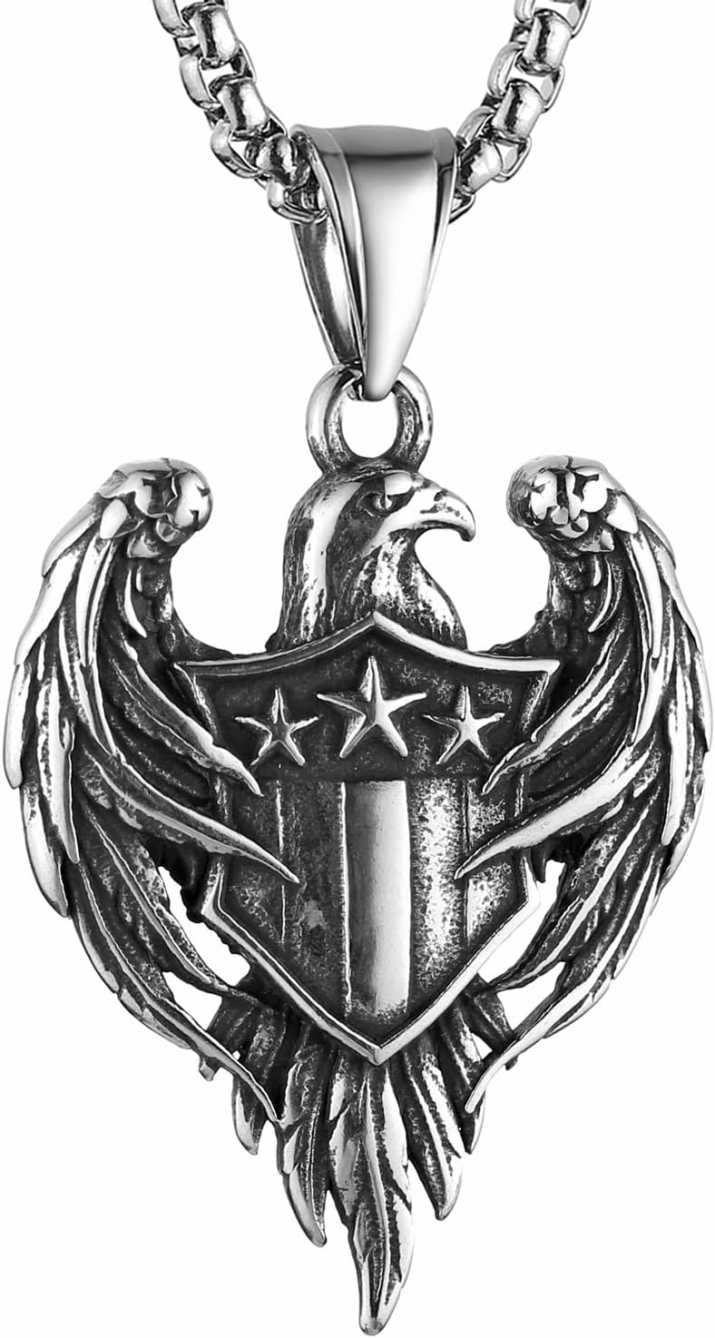 Stainless Steel Hawk Eagle Necklace for Men Women Patriotic American Flag Bald Eagle Shield Pendant Jewelry