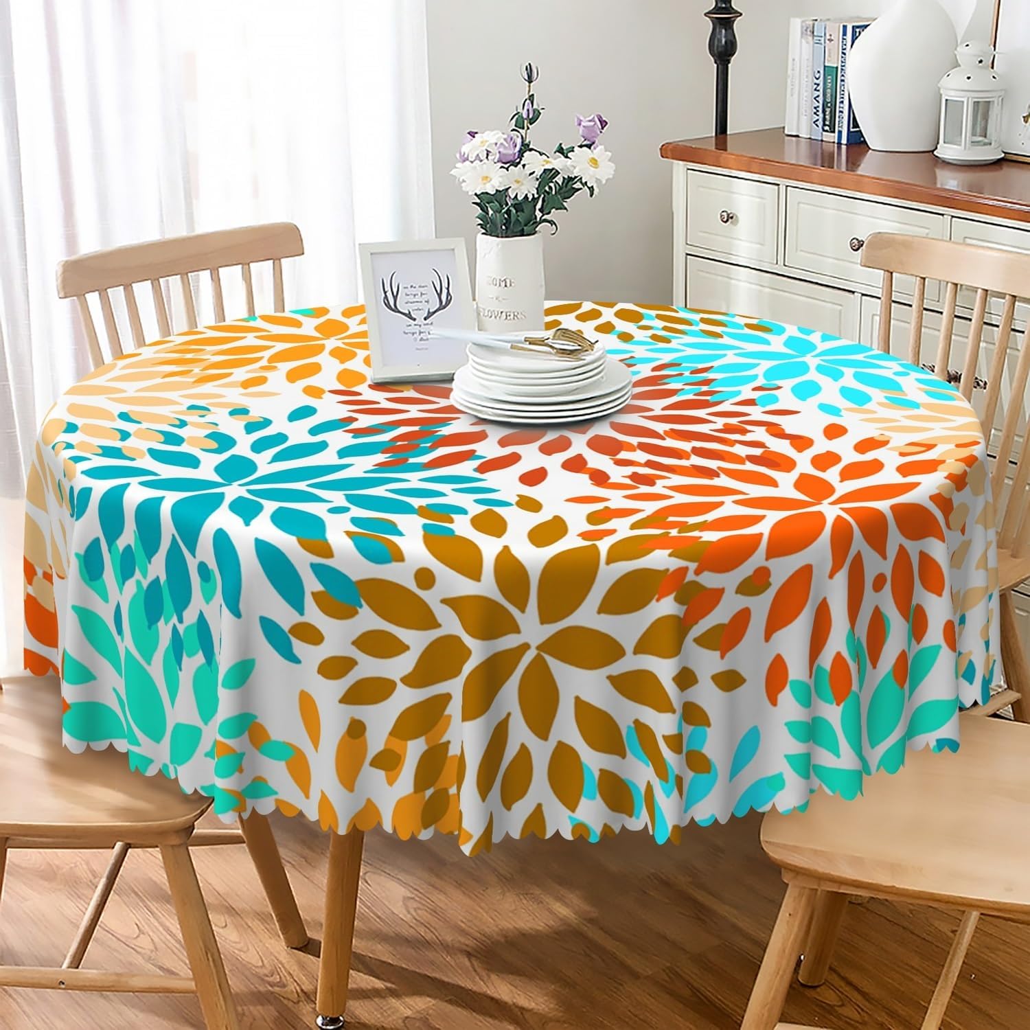 Dahlia Floral Round Tablecloth 60 Inch Grey Yellow Abstract Flowers Table Cloth Modern Art Geometric Waterproof Fabric Table Cover for Kitchen Dining Room Indoor Outdoor Patio Home Decor