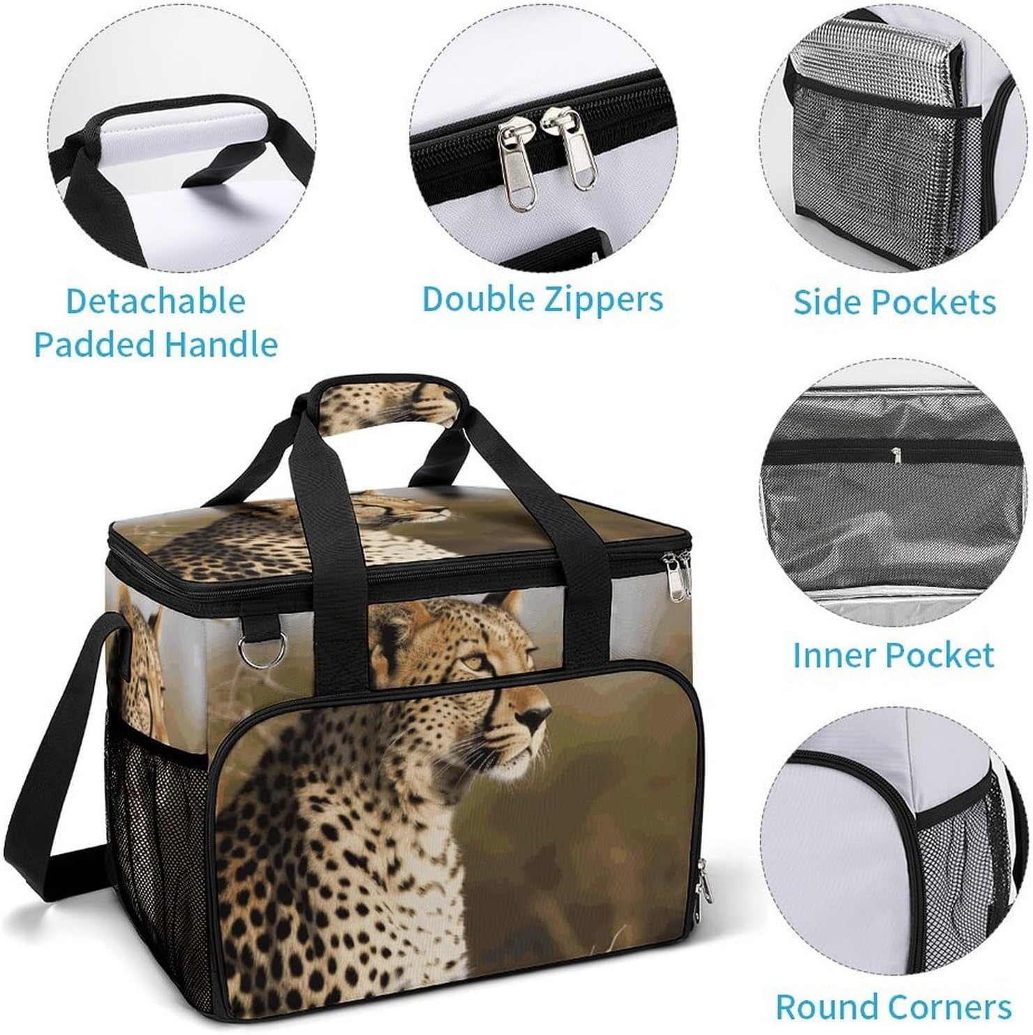 Insulated Picnic Backpack Tote Bag, Large Capacity 30L Wild Animal Leopard Cooler Bag Leakproof Beach Bags Portable Lunch Box Waterproof Picnic Basket for Beach Camping BBQ