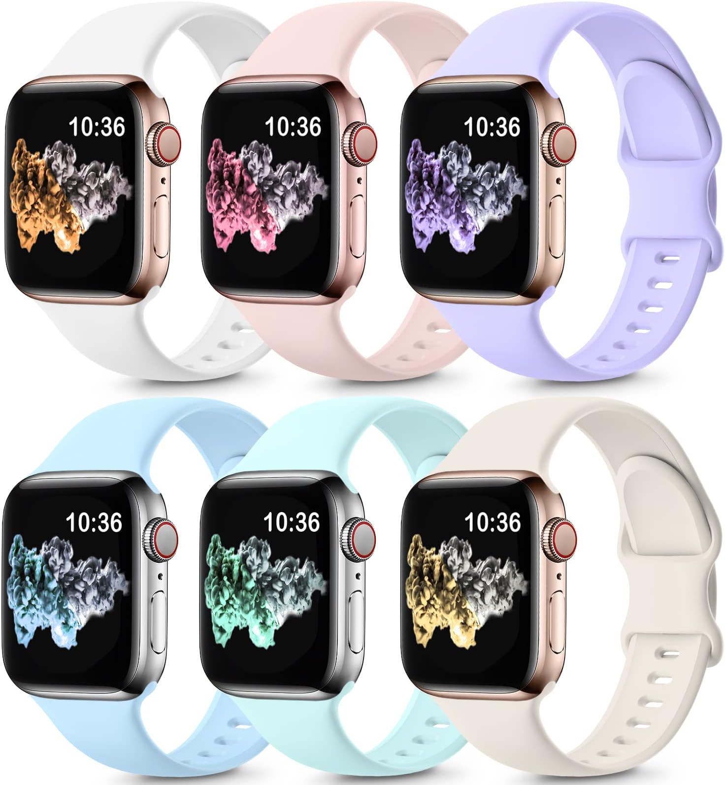 6 Pack Sport Bands Compatible with Apple Watch Bands 10 40mm 38mm 41mm 42mm 44mm 45mm 46mm 49mm,Soft Silicone Waterproof Strap for iWatch Ultra2 Series 9 Ultra 8 7 6 5 4 3 2 1 SE Women Men