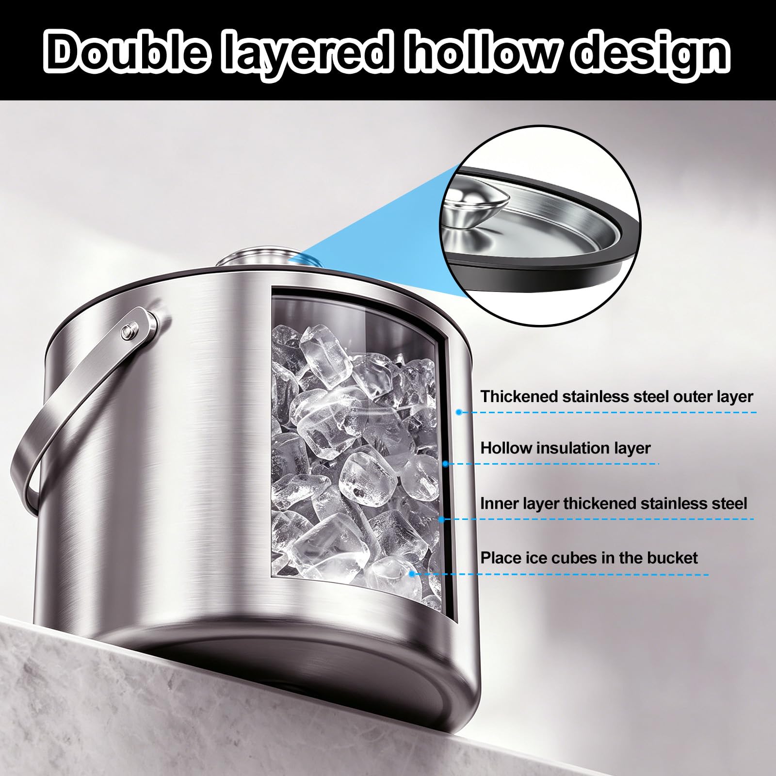 Contenitore per cubetti di ghiaccio, 2 l, con coperchio, in acciaio inox con clip e colino, perfetto per raffreddare bevande, birra, adatto per la Coppa del Mondo 2026