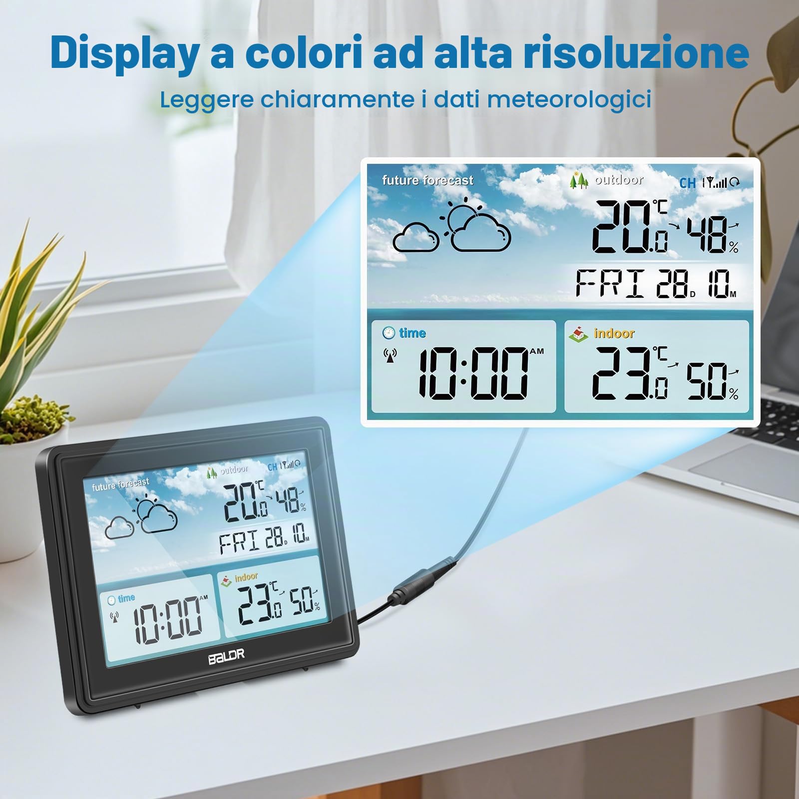 Stazione meteo radio con sensore esterno, termometro interno esterno, igrometro con previsioni meteorologiche, display a colori, orologio radio DCF con sveglia, allarme temperatura, da