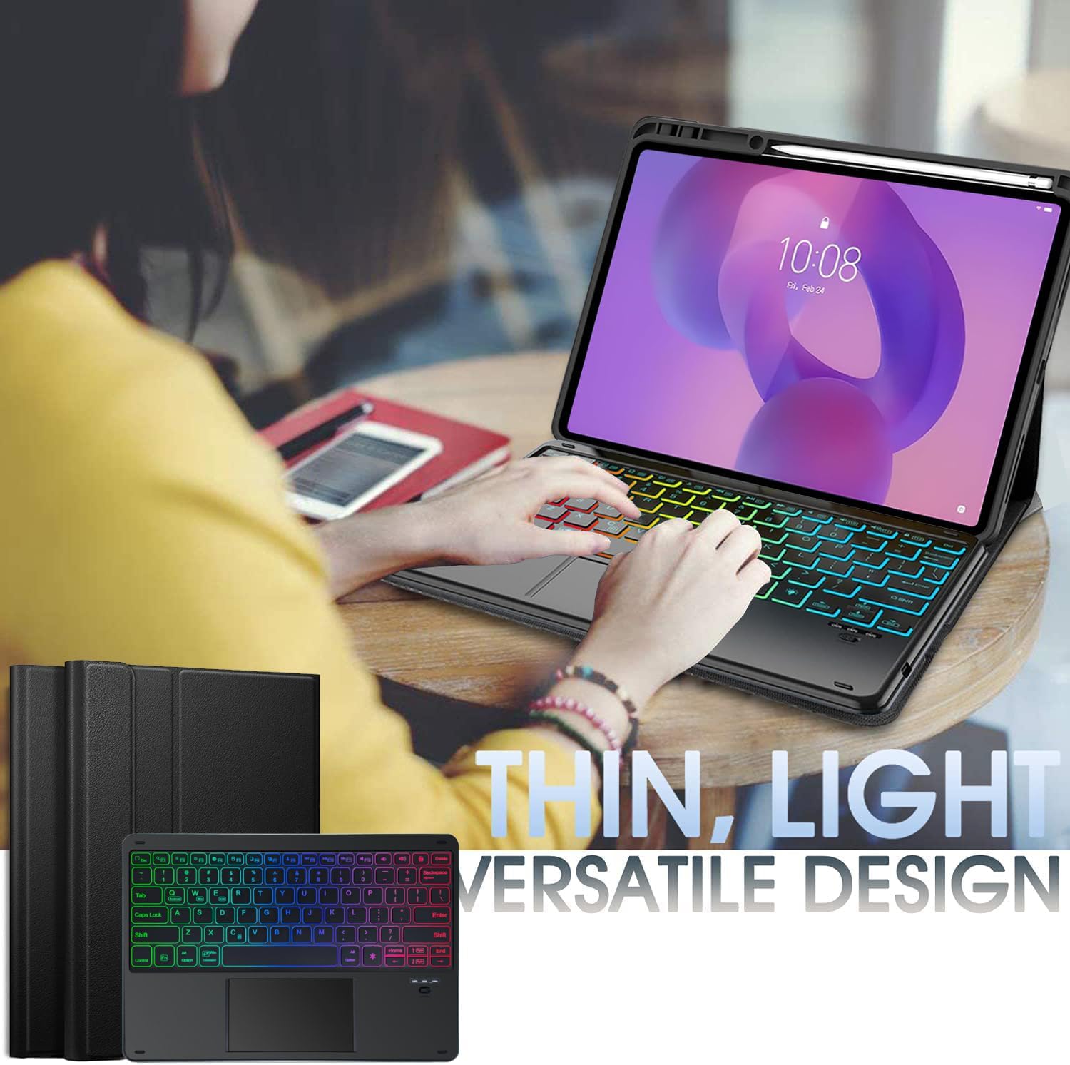 Touchpad Keyboard Case for Lenovo Idea Tab Pro 12.7 Inch 2025 TB-373FU TB-375FC, 7 Color Rainbow Backlight Detachable Bluetooth Trackpad Keyboard Folio Smart Cover with Pen Holder