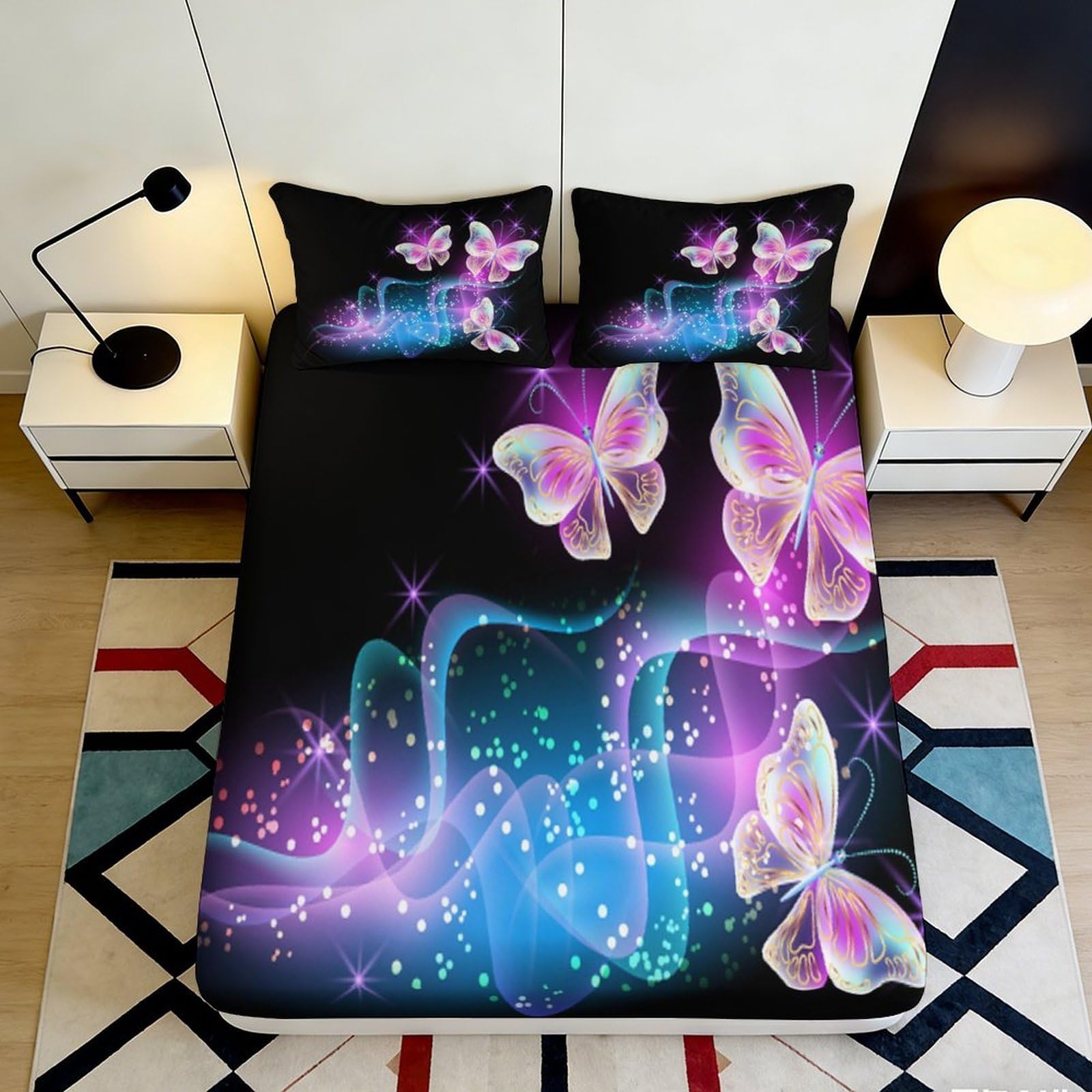 3D Printed Butterfly Fitted Sheet Microfiber Deep Pocket Bedroom Bedding Set Butterfly Mattress Fitted Cover Washable Non-Slip Full Wrap for All Ages 140x200x25cm