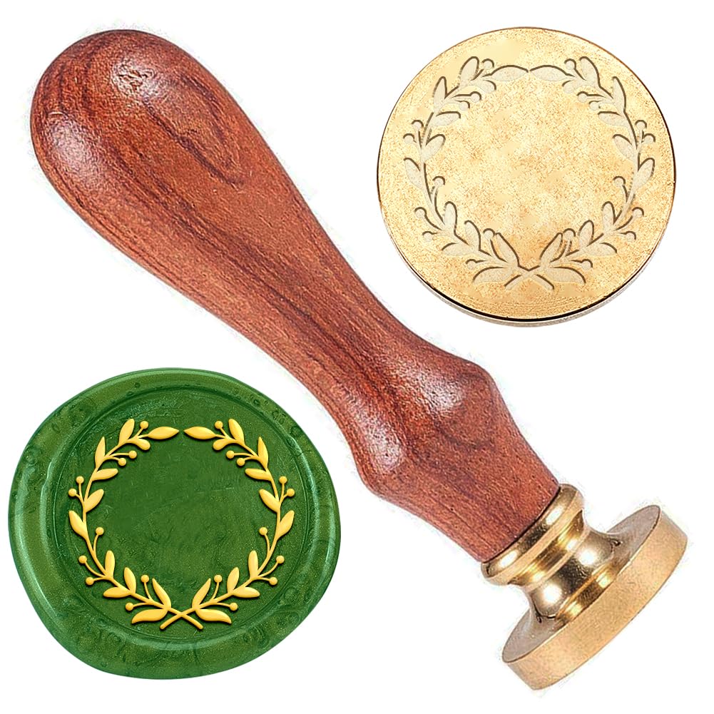 DELORIGINWreath Wax Seal Stamp Embossed Stamp Sealing Vintage Elegant Removable 1" Brass Seal Wood Handle Wedding Invitations Envelopes Gift Packing Decoration Craft Adhesive Waxing