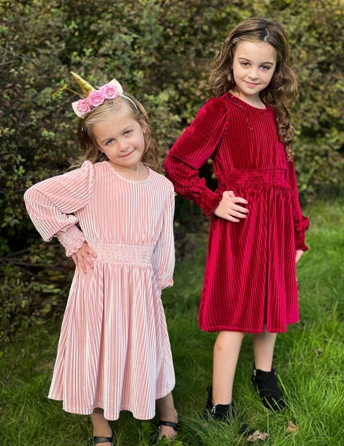Arshiner Girls Long Sleeve Dress Velvet Crew Neck Midi Fall Vintage Plain Dress for Kids 4-13Y - Image 6