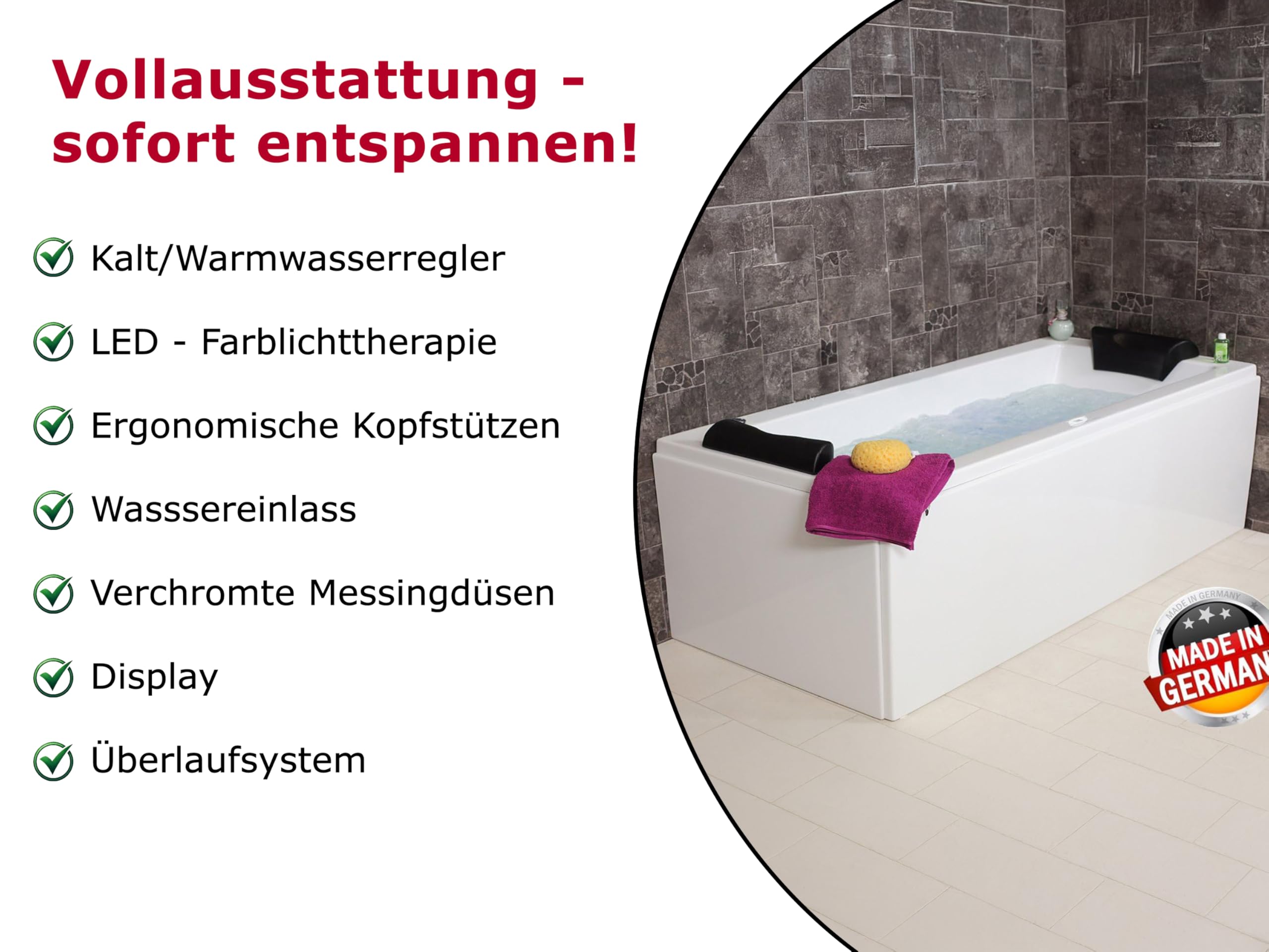 Whirlpool Badewanne Relax Basic – Made in Germany | Eckbadewanne mit 14/16 Massage-Düsen, LED-Beleuchtung & optionalen Armaturen | 180 x 80 cm | Spa-Badewanne für 2 Personen