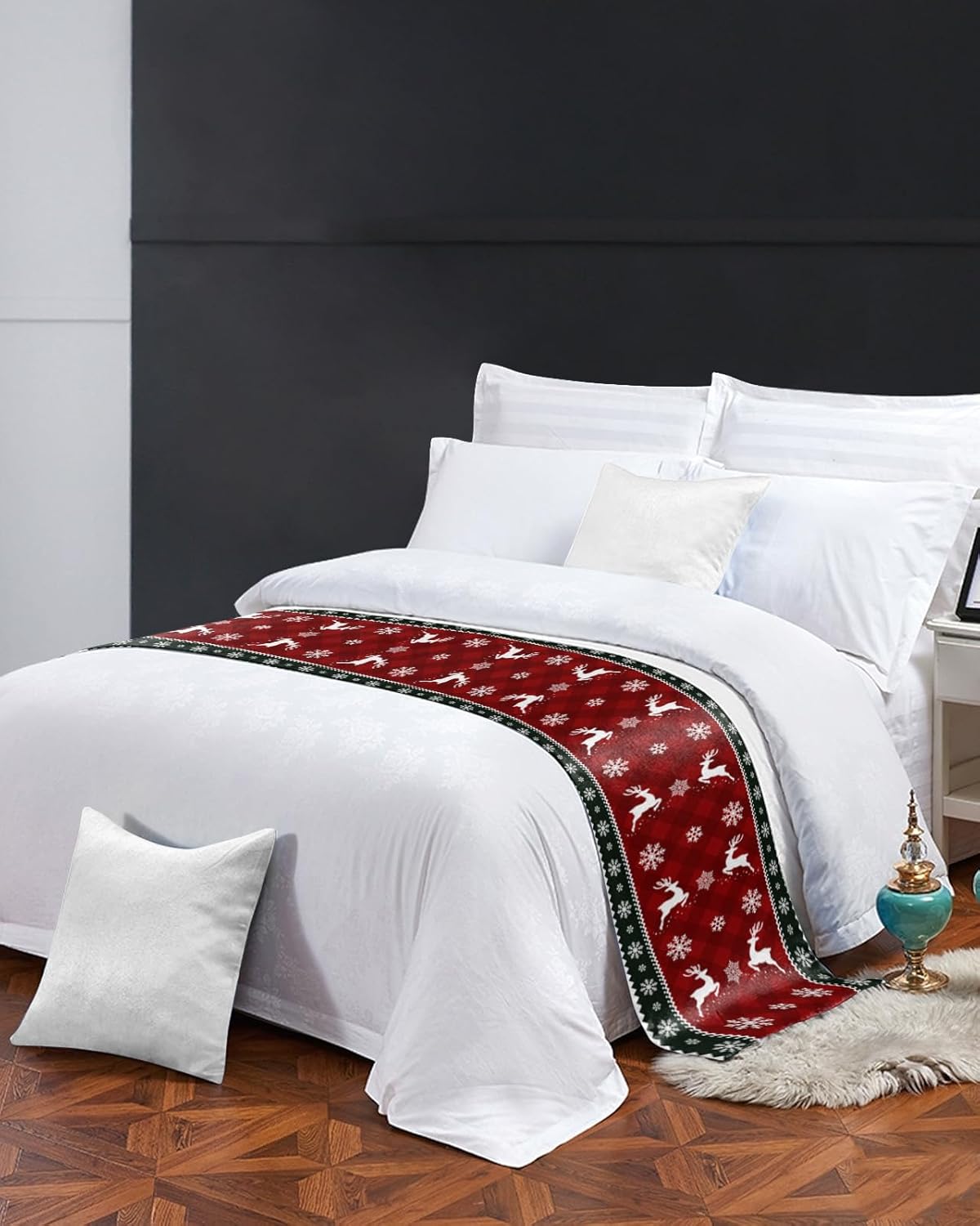 Teamery Bed Runners & Scarves, Christmas Snowflakes and Elk on Red Plaid Bed Runner, Bed Scarf Protector Decorative Accent Bedding Scarf for Hotels Homes and Guestrooms, 102 x 20 inches