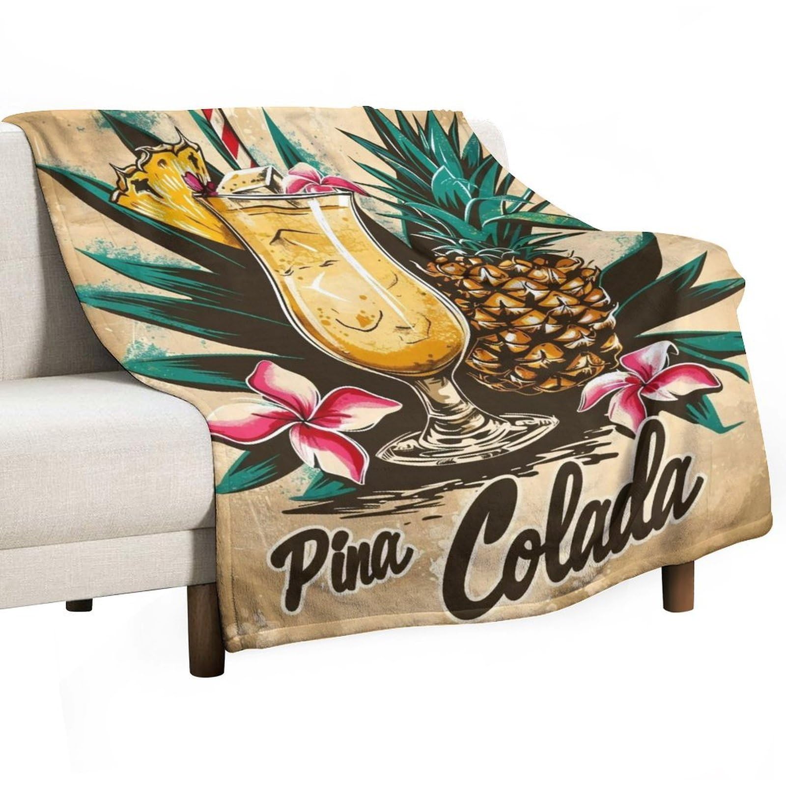 YHGSREUOH Linocut-Tiki-Bar-Pina-Colada-Drink-Fruit_01 Flannel Blankets Fleece Soft Throw Lightweight Plush Gifts for Couch, Bed, Cozy Sofa Plush, Chair, Lovers 100x130cm(40x50in)
