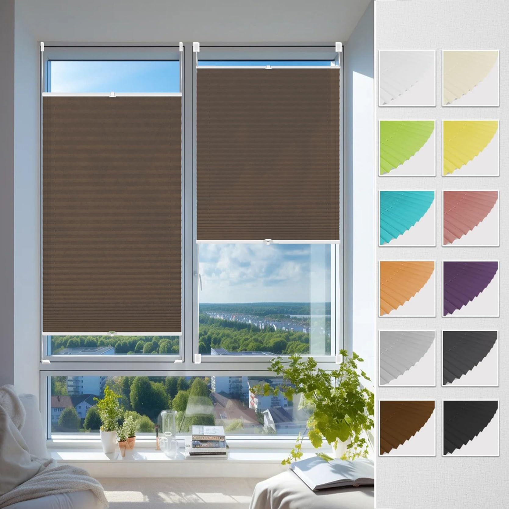 Store plissé nid d'abeille 105x185 cm thermique et occultant marron sans perçage pour fenêtre