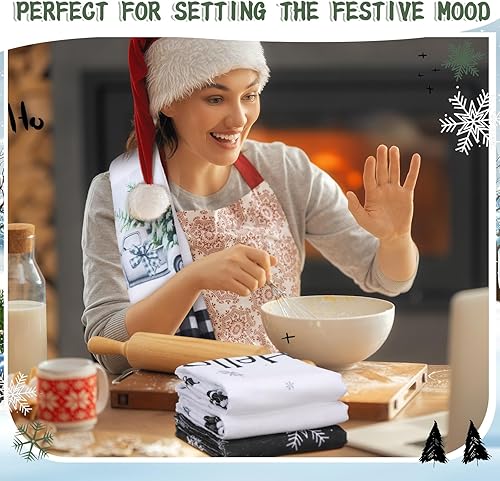 Miniatura 2 de Oudain Juego de 6 toallas de cocina de Navidad, toalla de cocina de Navidad, color negro y blanco, árbol de Navidad, copo de nieve, camión, kit de
