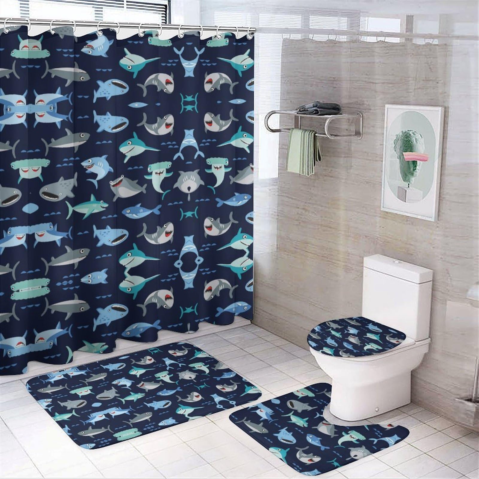 JZemdybill Bathroom Mat Set 4 Piece, Cartoon Shark Shower Curtain with Non-Slip Bath Mats for Bathroom