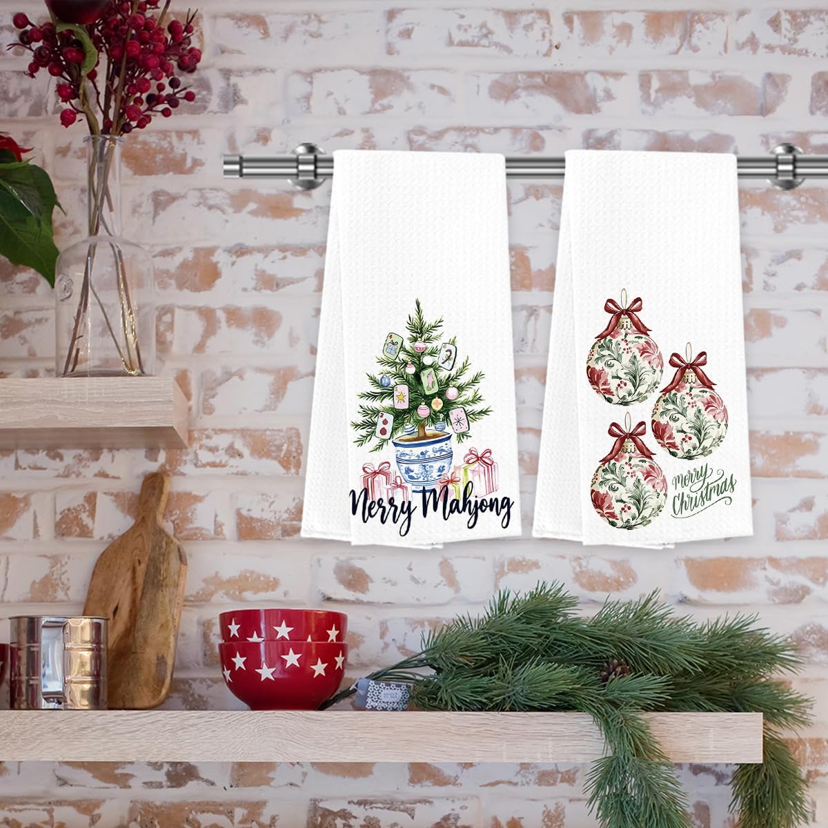 メリー麻雀シノワズリークリスマスツリータオル、ファニー、ピンクハンドキッチンタオル2枚セット、面白いホリデーウィンターホームキッチン