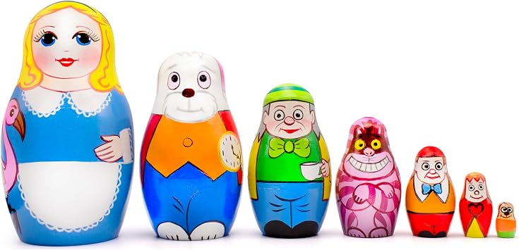 Alice in Wonderland Nesting Dolls Set 7 pcs - Russian Matryoshka Dolls - Alice in Wonderland Figure - Wooden Nesting Doll