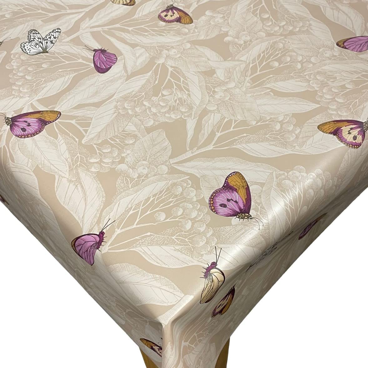 Karina Home Leaves and Butterflies Beige Wipe Clean Tablecloth Vinyl PVC Table Cover Wipeable Table Cloth 120cm x 120cm