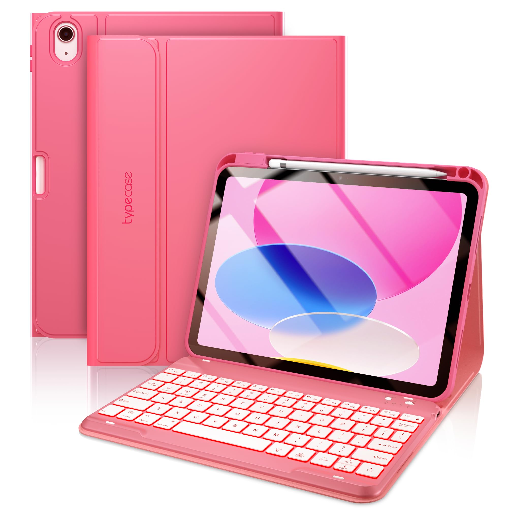 typecase Folio Keyboard Case for iPad 10th Gen 10.9 inch (2022) and iPad 11th (A16, 2025), Magnetic Wireless Detachable Keyboard, 7-Color Backlight, Thin & Light, Pencil Holder – PinkClimeCo Certified