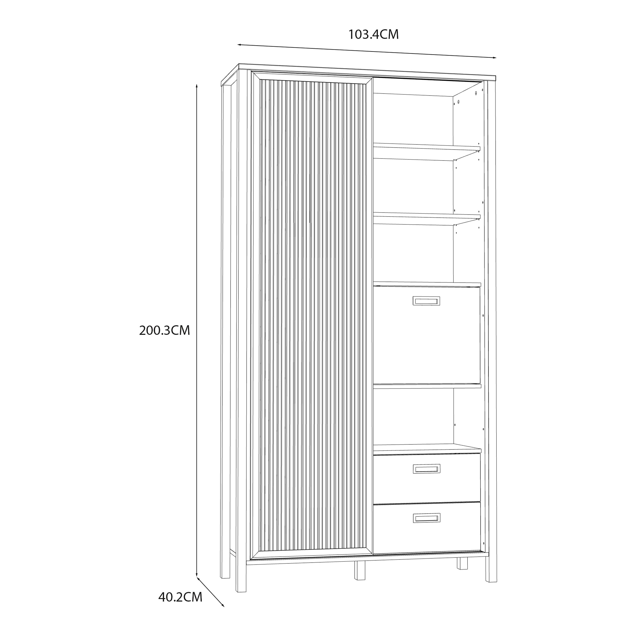 Forte JYTANA Schrank 100 105, skandinavischer Schrank mit 3 Schubladen, 2 Türen und 3 Regalfächern, Mauvella Eiche Holzdekor/Schwarz, 103,4 cm breit x 200,3 cm hoch x 40,2 cm tief
