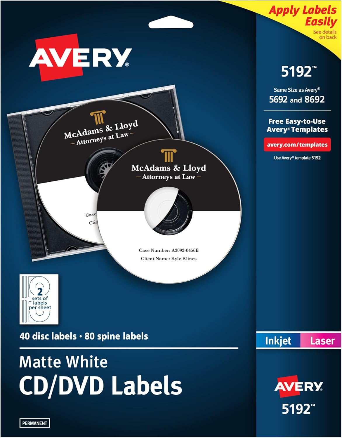 Avery Printable CD Labels, Matte White, Permanent Adhesive, Laser/Inkjet Printable, 40 Blank CD & 80 Blank Spine Stickers, Great for DVD, PC Discs, and More (5192)