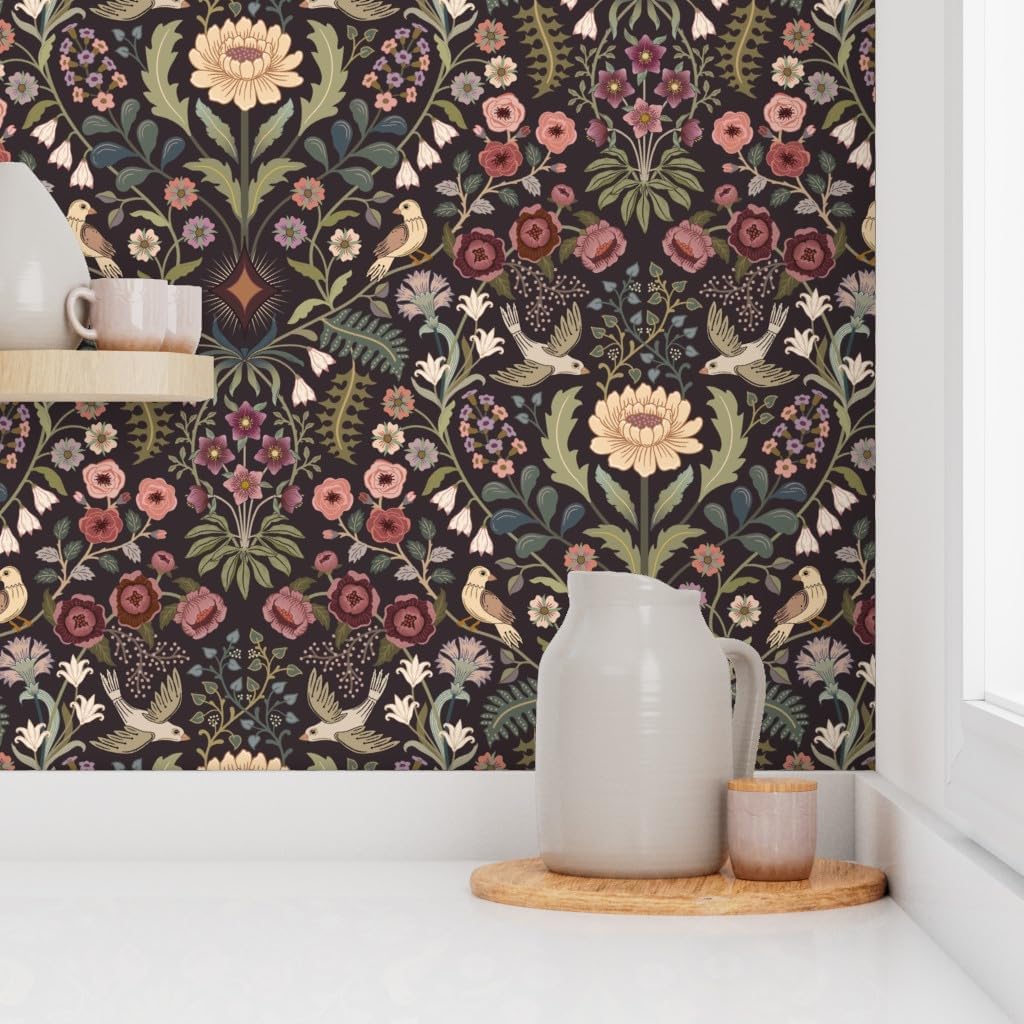Peel & Stick Wallpaper 3ft x 2ft - Traditional Floral Folk Art Birds Victorian Green Pinks Burgundy Extra Large Custom Removable Wallpaper by Spoonflower