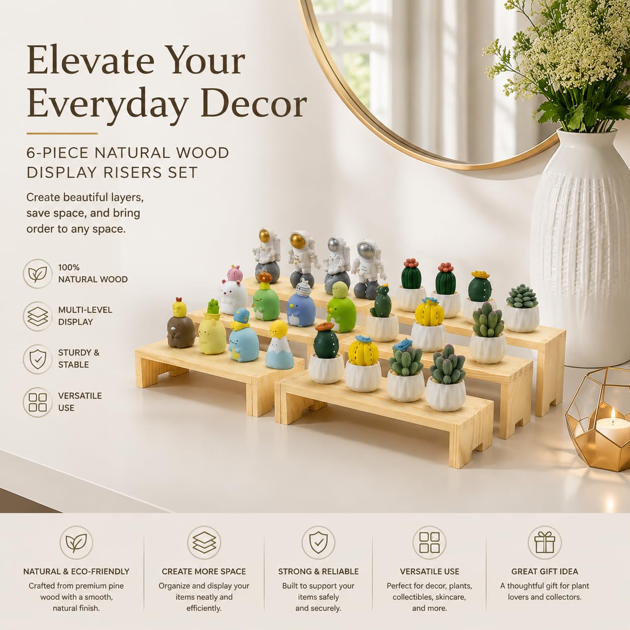 Yikaroeli Display Risers-3 Tier Wood Risers Decorative Rectangular, 6-piece Set Display Stands Arranging and Showcasing your favorite items(Nature) 2