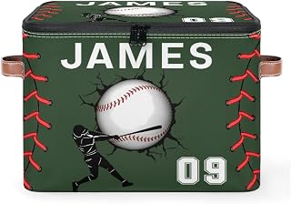 Custom Storage Basket with Name | Personalized Keepsake Memory Boxes with Lid Fabric Closet Stackable Storage Bin Organizer for Bedroom, Living Room, Baseball