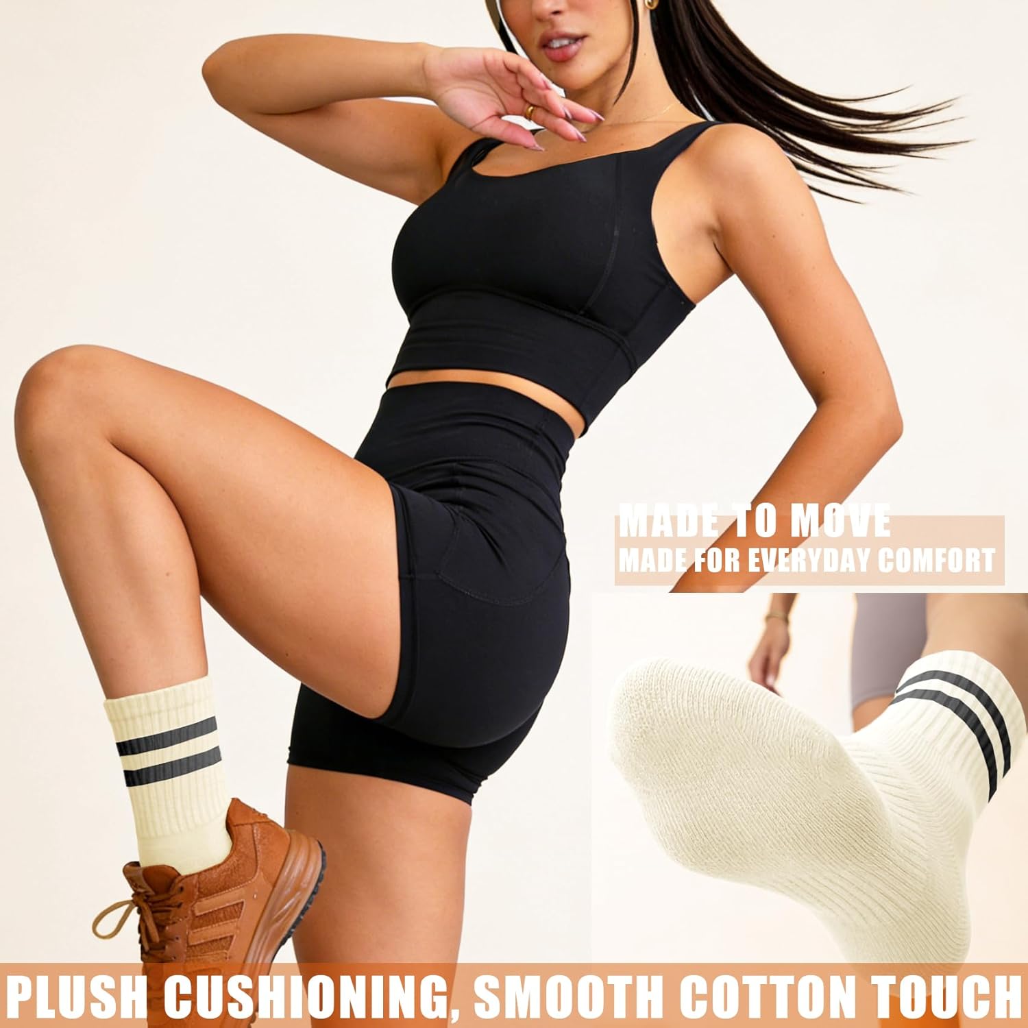 Women's Striped Cotton Crew Socks Cozy Casual Athletic Quarter Socks for Running & Gym Size 5-11 - Image 3