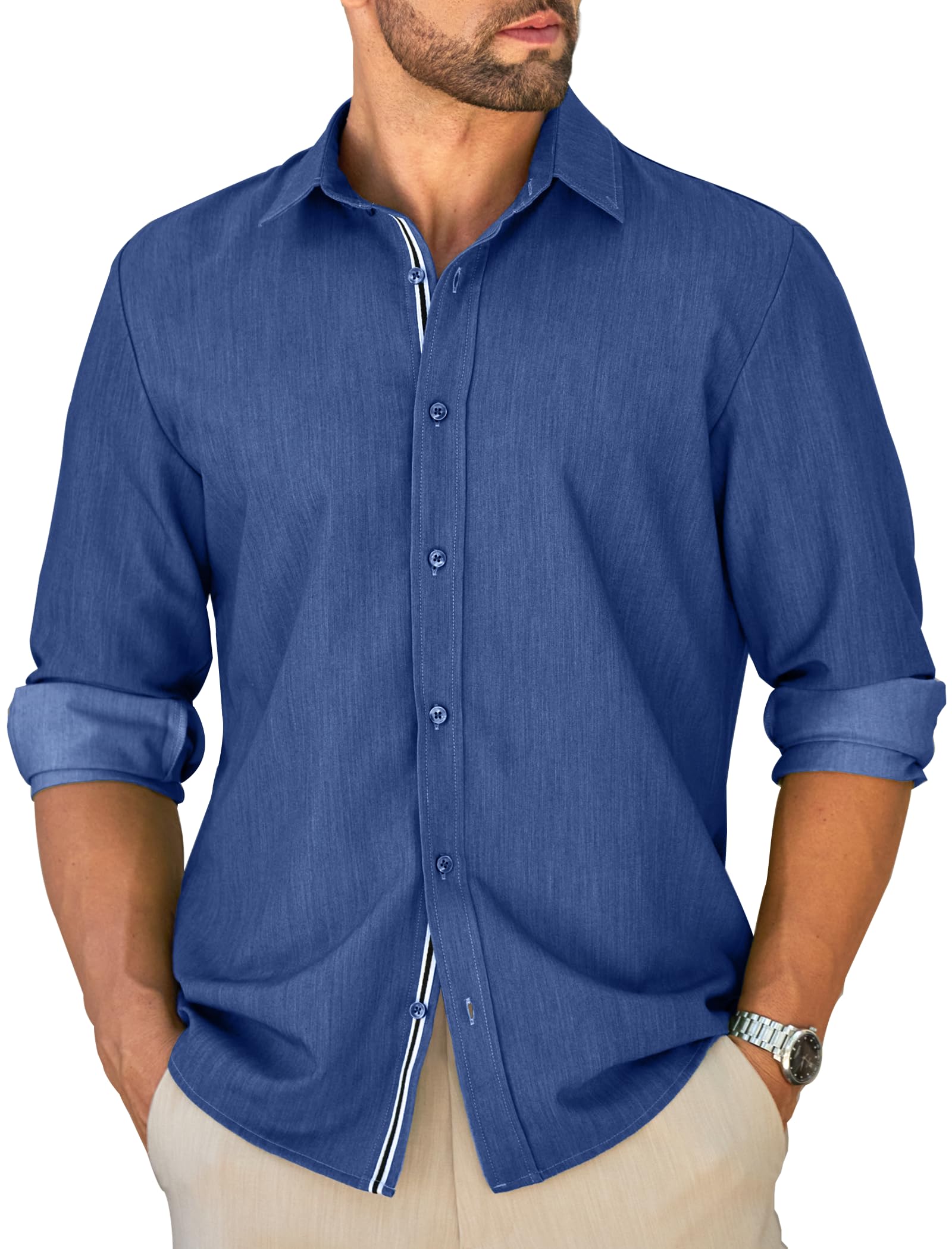Mens Untucked Dress Shirt Button Down Stretch Lightweight Denim Texture