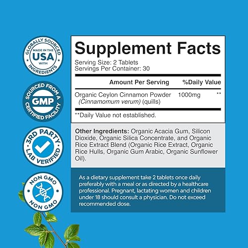 Miniatura 2 de Tabletas orgánicas de extracto de canela de Ceilán de 1000 mg - Suplemento orgánico de canela de Ceilán para apoyar el azúcar en la sangre, el