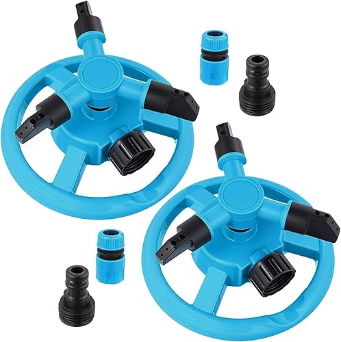 Paquete de 2 aspersores de césped giratorios de 360 grados, sistema automático de riego de jardín para patio y jardín, diseño de 3 brazos con