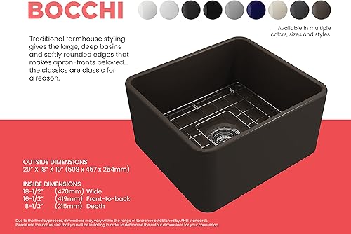 Miniatura 5 de BOCCHI Classico Farmhouse Delantal de arcilla refractaria delantera de 20 pulgadas. Fregadero de cocina de un solo tazón con rejilla inferior