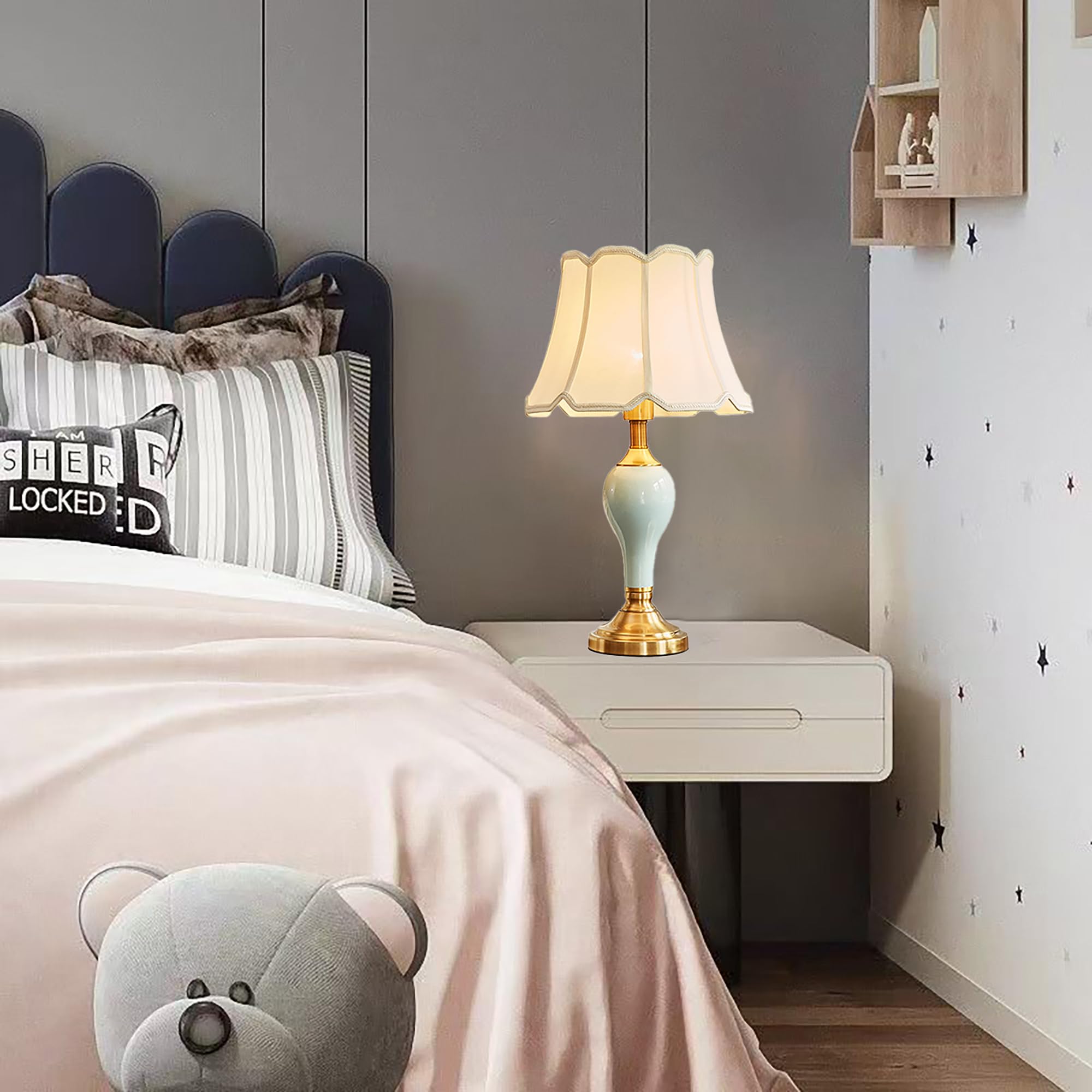 XINYASEE lámpara de mesa de cerámica moderno,Lampada da tavolo rivestita in tessuto,Lámpara de noche minimalista,E27lámpara de cabecera,lámpara de mesilla de noche para dormitorio, salón (A)