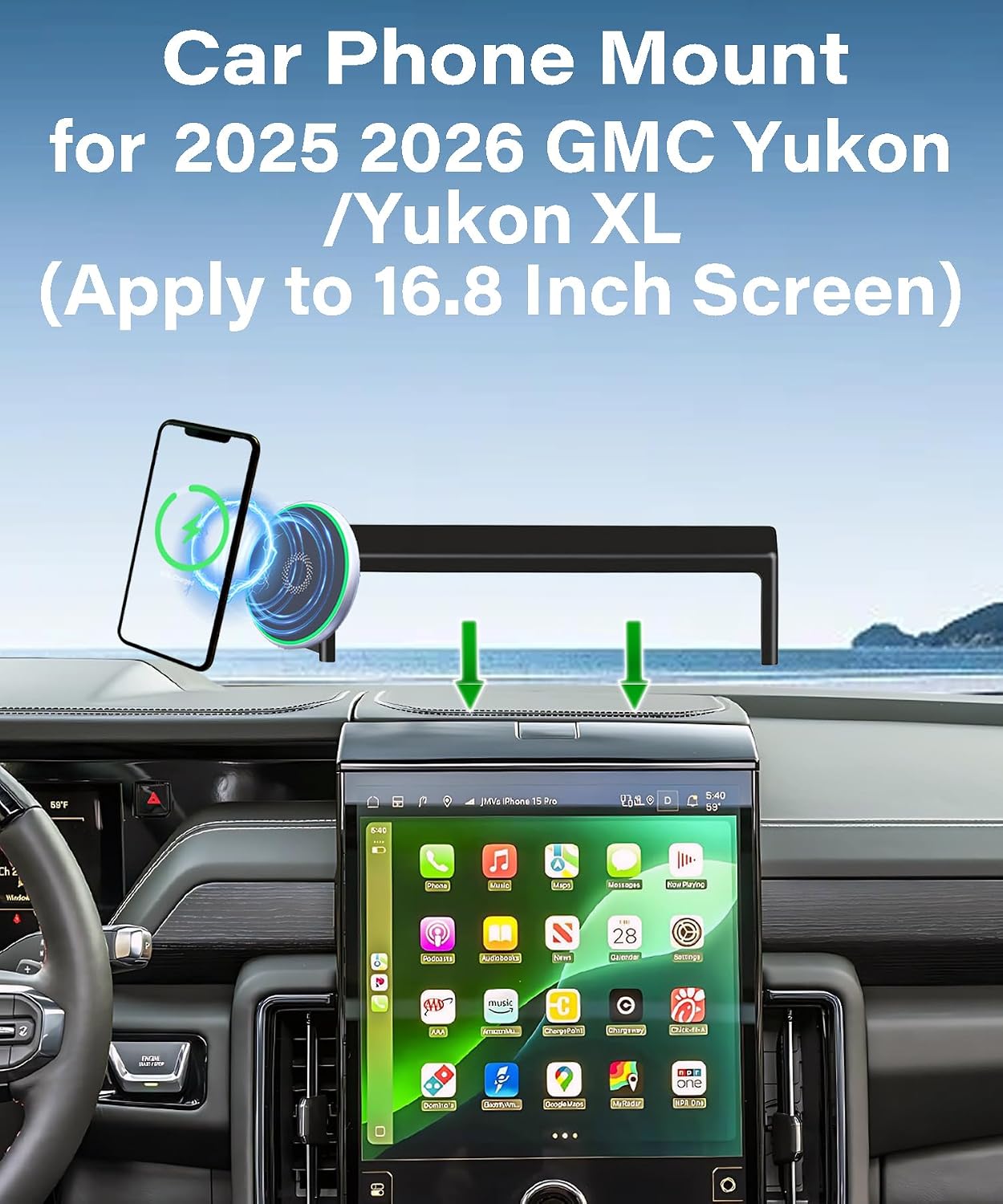 Car Phone Holder for GMC Yukon 2025-2026 Yukon XL Accessories 15W MagSafe Fast Wireless Charger Cell Phone Mount Apply to 16.8 Inch Touch Screen Fixed Clip 360° Rotation