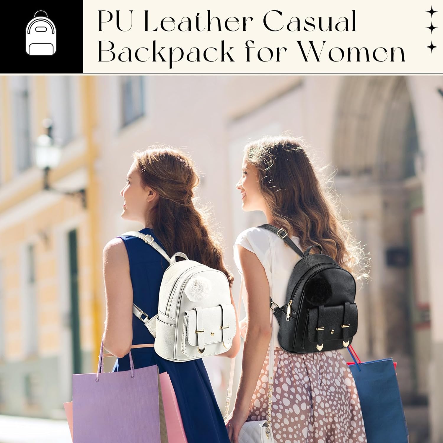 Paterr 6 Pcs Mini PU Leather Backpack Purse Set Valentines Women Gifts Fashion Mini Pompom Backpack Cross Body Wallet(Black, White) - Image 6